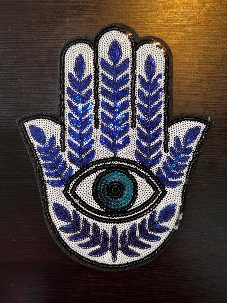 Wit blauwe hand van Fatima patch met pailletten, Ophalen, Nieuw, Overige applicaties