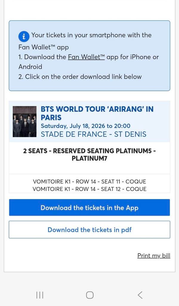 1 BTS Platinum Tickets Parijs, Twee personen, Juli