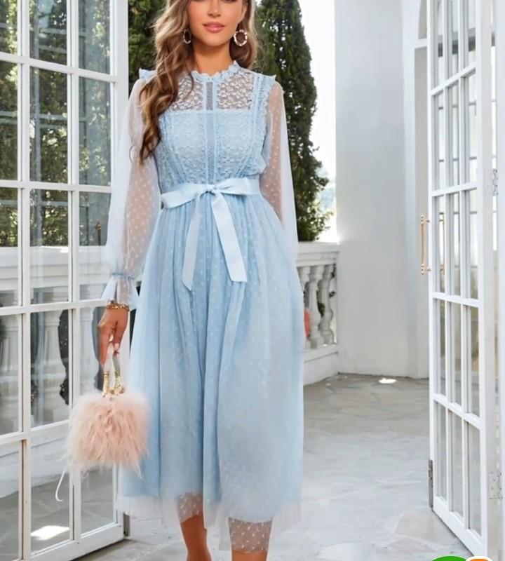 Lichtblauwe zomerjurk met tule en kant - Maat M  nieuw, Kleding | Dames, Jurken, Zo goed als nieuw, Blauw, Onder de knie, Ophalen of Verzenden