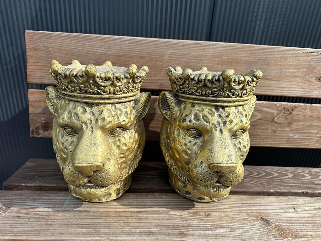 2x dierenkop leeuwenkop plantenpot goud, Rond, Ophalen of Verzenden, Zo goed als nieuw, Aardewerk