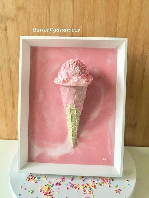 Uniek 3D IJshoorn ijs ijsje roze wit lijstje Schilderij, Antiek en Kunst, Ophalen