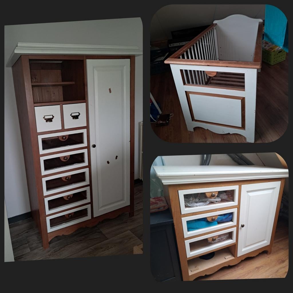 Houten babykamer: bed, commode en kast met lades, Kinderen en Baby's, Kinderkamer | Commodes en Kasten, Ophalen, Gebruikt, 50 tot 70 cm