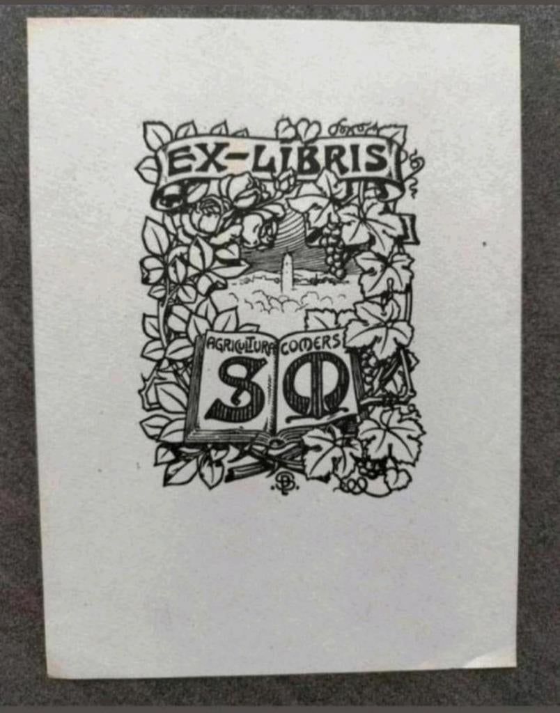 Exlibris SM (Peter Schnorr) (wijnrank, kerk, druiven, roos), Ophalen of Verzenden