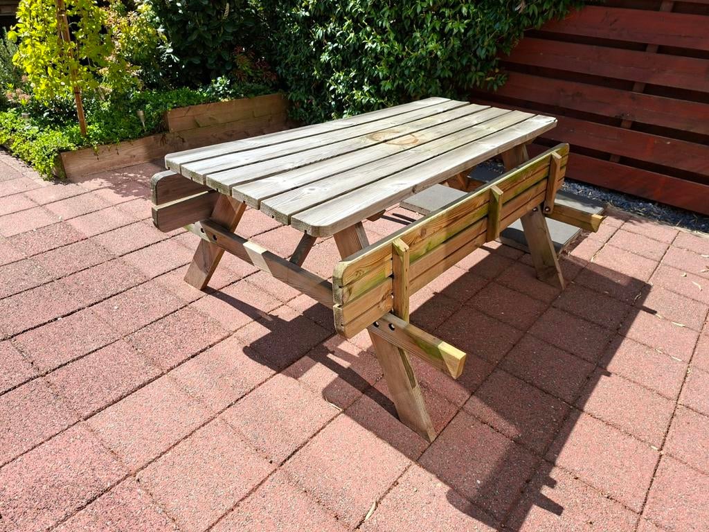 Picknicktafel met opklapbare banken, Tuin en Terras, Picknicktafels, Gebruikt, Rechthoekig, Hout, Inklapbaar, Ophalen