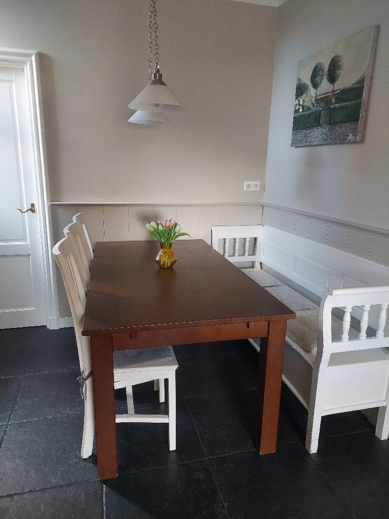 Prachtige eetkamertafel met aansteekblad en stoelen, Ophalen, Gebruikt, Eikenhout, 50 tot 100 cm