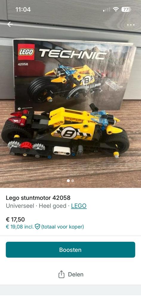 Lego technic stuntmotor, Ophalen of Verzenden, Zo goed als nieuw