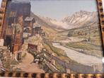 rep schilderij antiek ribbellijstje dorp Blatten Zwitserland, Ophalen of Verzenden