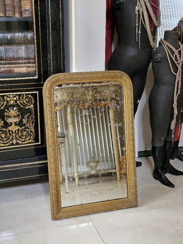 Antieke Franse SPIEGEL toogspiegel bois doré verguld, Ophalen of Verzenden, Rechthoekig, Minder dan 50 cm