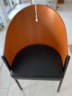 Vintage stoel met houten kuip en zwart leren zitting, Ophalen, Gebruikt, Bruin, Eén