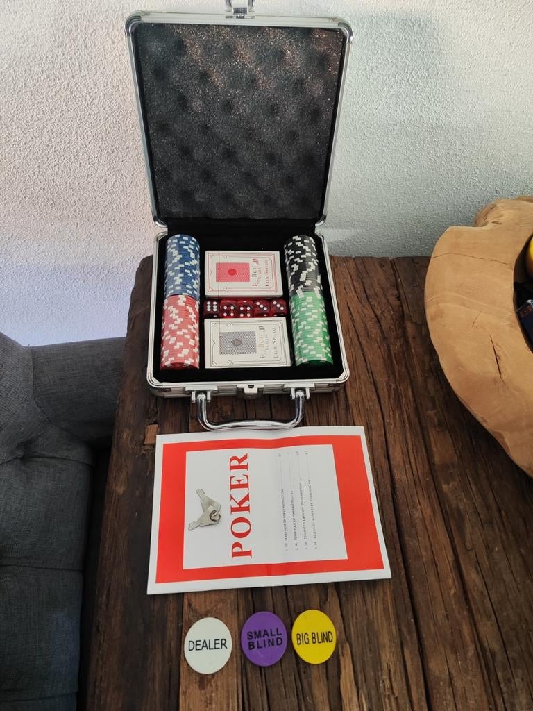 Pokerset in aluminium koffer met nieuwe fiches en kaarten, Vijf spelers of meer, Ophalen of Verzenden, Zo goed als nieuw