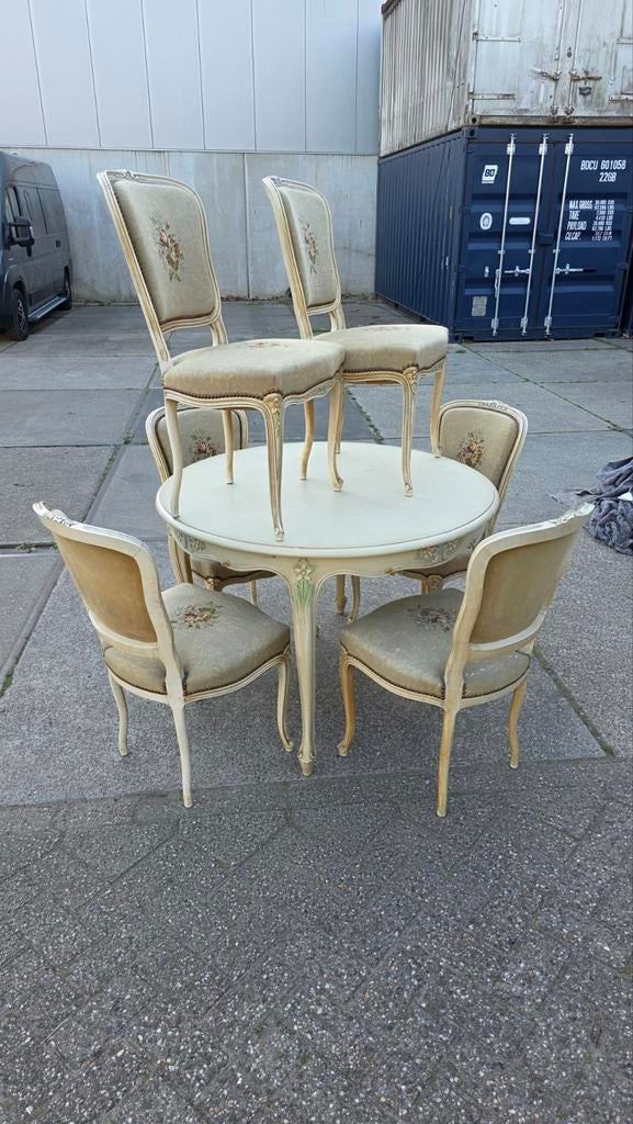 Franse Louise XVI wit craquelé eethoek, Antiek en Kunst, Antiek | Meubels | Tafels, Ophalen