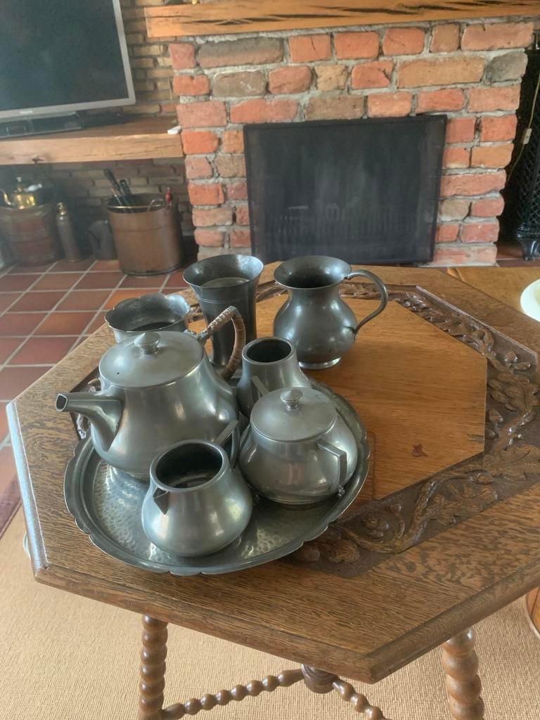 Tinnen theeservies met dienblad, Antiek en Kunst, Ophalen