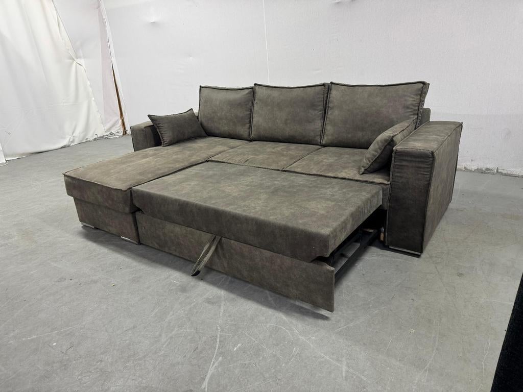 Grijze slaapbank met chaise longue en opbergruimte 250x160, Ophalen of Verzenden, Tweepersoons, 140 cm