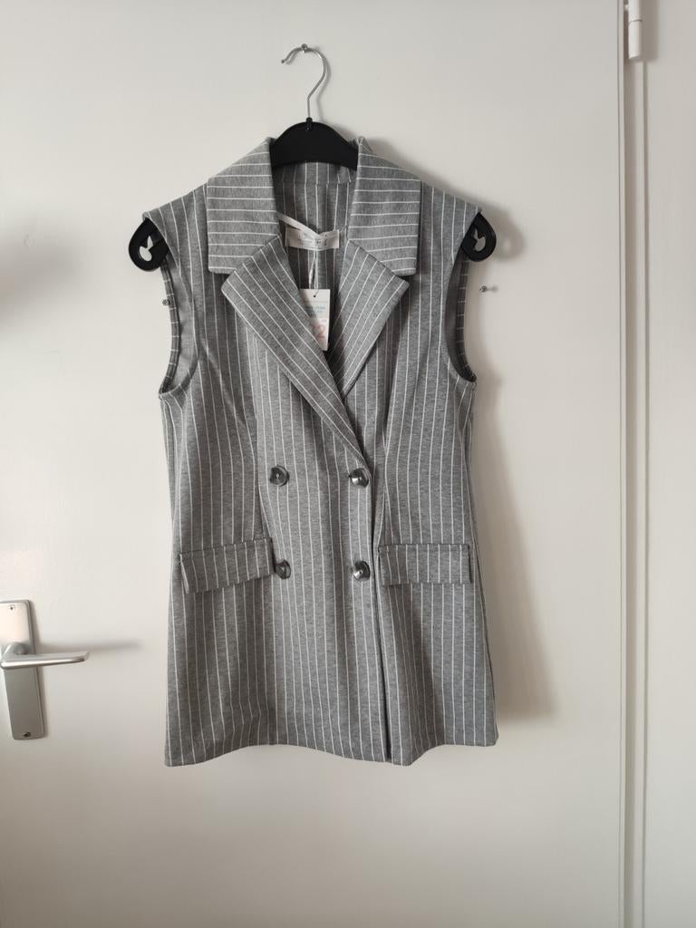 Sleeveless blazer dress grijs krijtstreep 32 XXS nieuw, Nieuw, Ophalen of Verzenden, Jasje, Maat 34 (XS) of kleiner