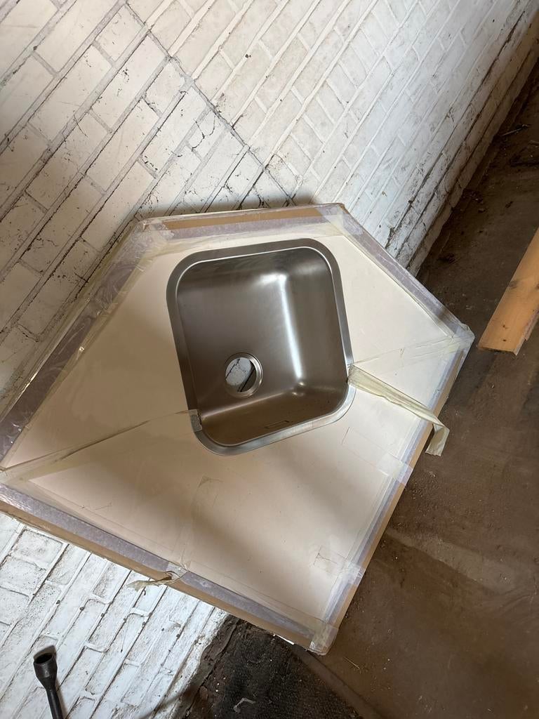 Hoek aanrechtblad met rvs bak, Ophalen, Gebruikt, Hoekkeuken, Kunststof