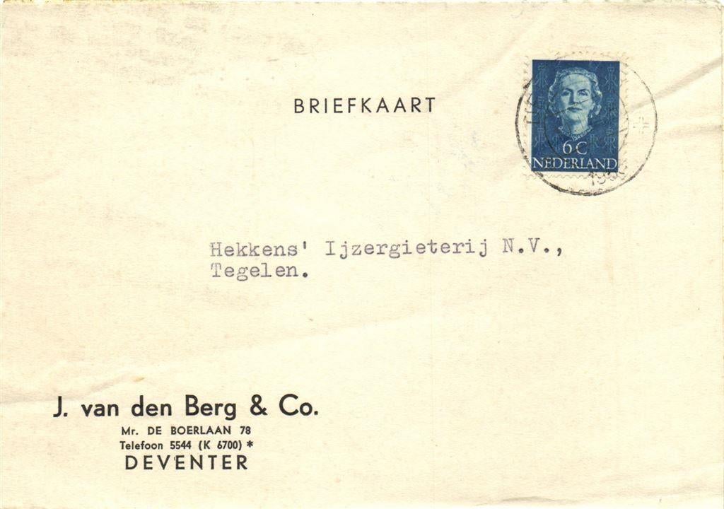 J. v.d. Berg + Co., Deventer - 03.1953 - briefkaart, Ophalen of Verzenden, Briefkaart