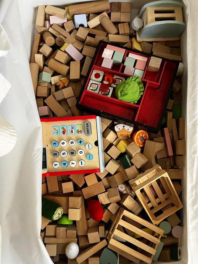 Grote partij houten speelgoed: blokken, kassa, sushi, broodr, Ophalen, Gebruikt, Overige typen