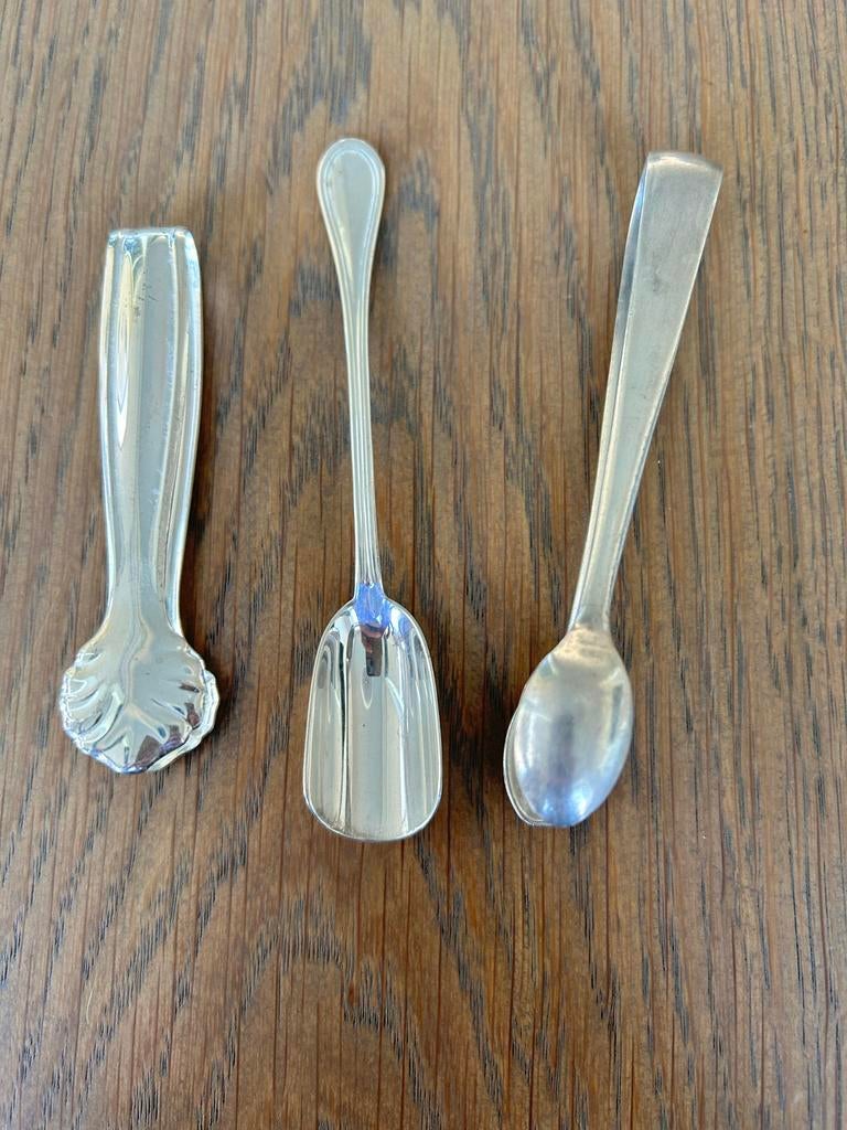 Verzilverde Suikertangen & Olijflepeltje - Vintage Set, Antiek en Kunst, Ophalen of Verzenden