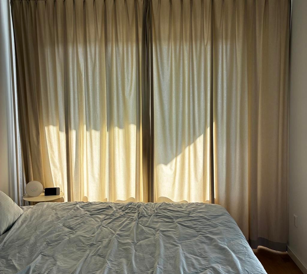 Gordijnen, Gebruikt, 200 cm of meer, Beige, Ophalen of Verzenden
