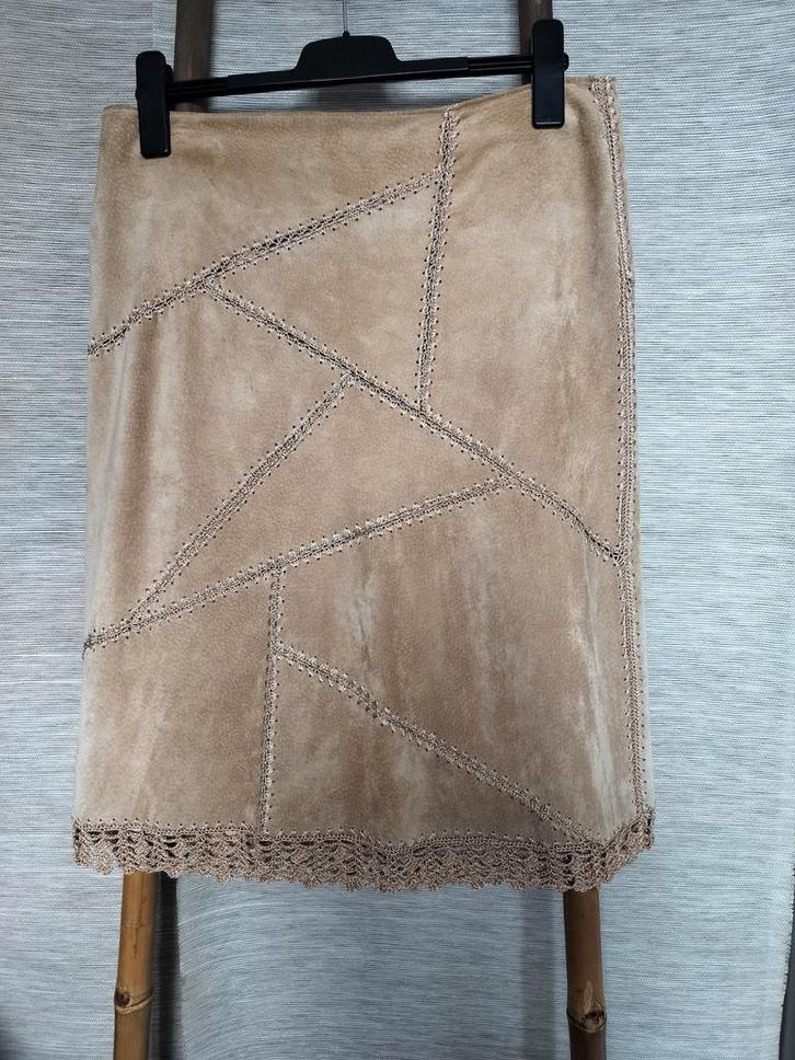 Vintage leren patchwork rok, Kleding | Dames, Rokken, Zo goed als nieuw, Maat 38/40 (M), Beige, Ophalen of Verzenden
