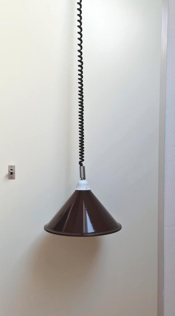 Industriële vintage hanglamp bruin aluminium pull down, Huis en Inrichting, Lampen | Hanglampen, Gebruikt, Minder dan 50 cm, Metaal