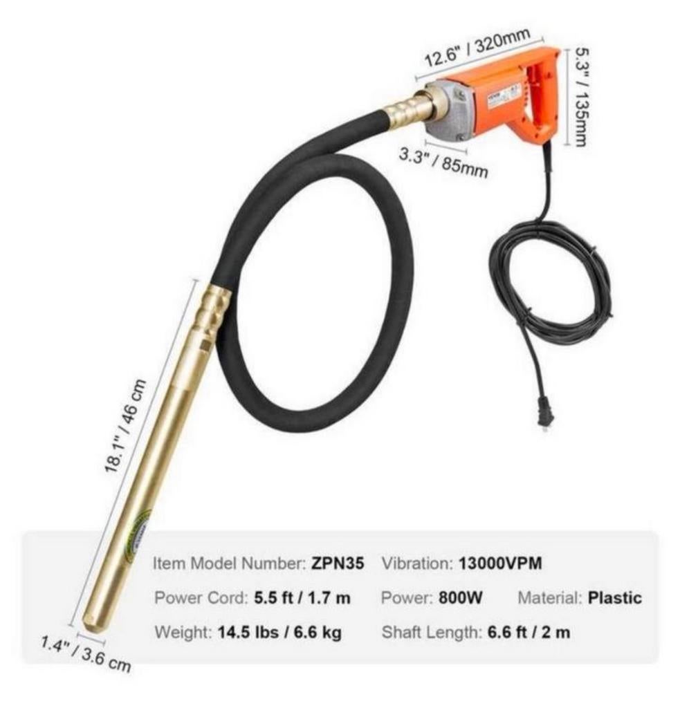 NIEUW Vibro-naald Betonvibrator 1250w beton vibronaald 2M, Nieuw, Ophalen of Verzenden, H, H