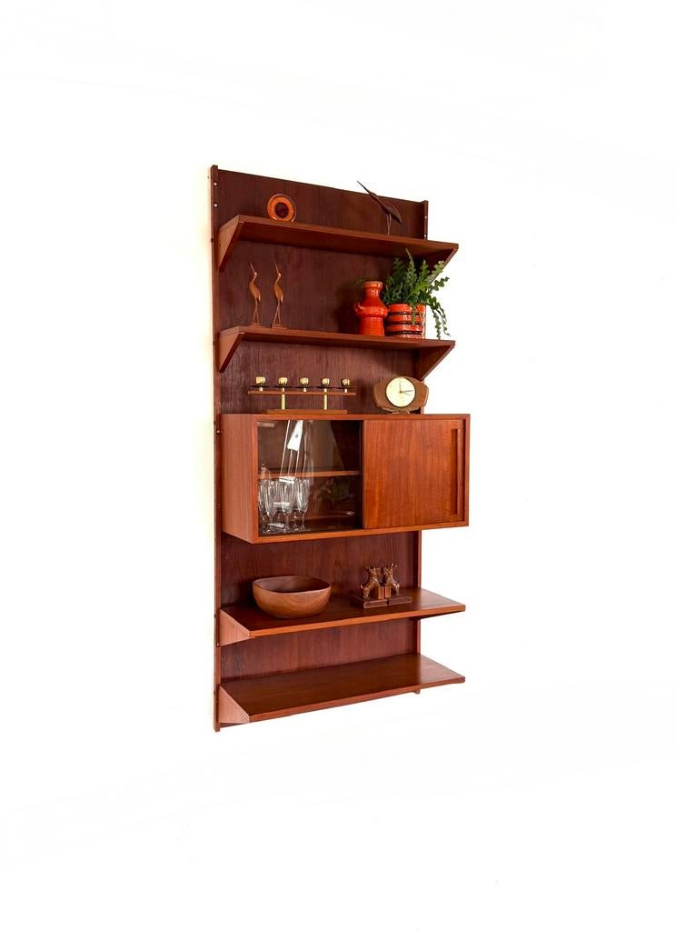 Vintage modulair teakhouten wandsysteem jaren ‘60, Huis en Inrichting, Kasten | Wandmeubels, Met deur(en), 200 cm of meer, Glas