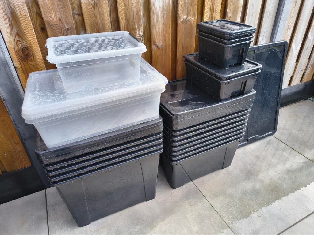 Partij kleine en grote kunststof bakken met deksels, Ophalen, Gebruikt, 40 tot 60 cm, 50 tot 75 cm