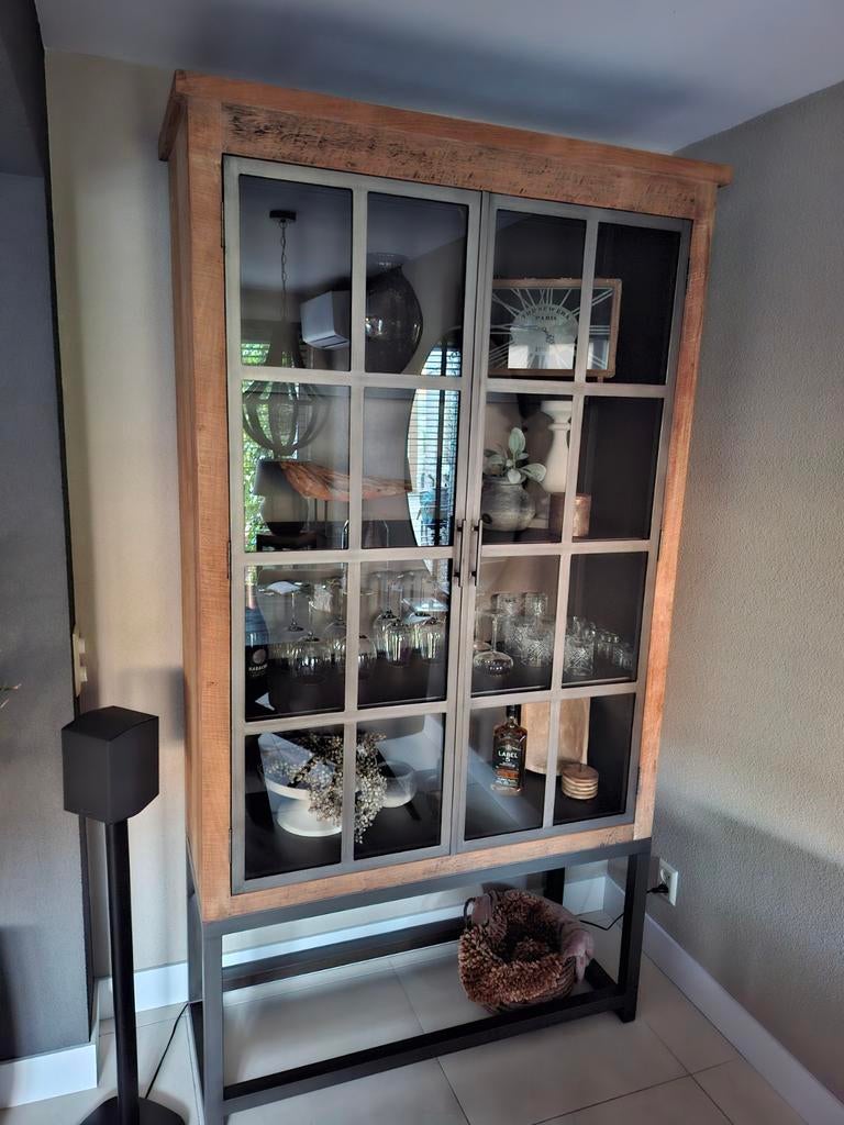 Teakhouten vitrinekast, Ophalen, 50 tot 100 cm, Zo goed als nieuw, 150 tot 200 cm