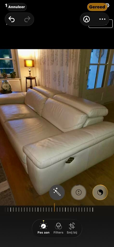 Leren 3-zitsbank - Crème/Lichtgrijs, Gebruikt, Driepersoons, Ophalen of Verzenden, Rechte bank