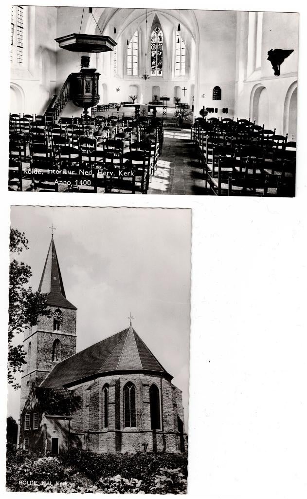 Rolde. 2 Prachtige fotokaarten van de N. H. Kerk., Ophalen of Verzenden, Ongelopen, Drenthe