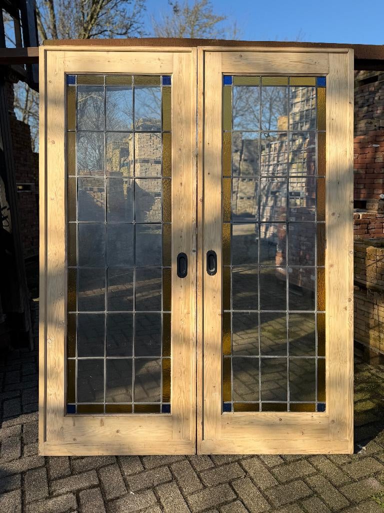 Set schuif / en-suite deuren met glas in lood 202x155.5cm., Ophalen of Verzenden
