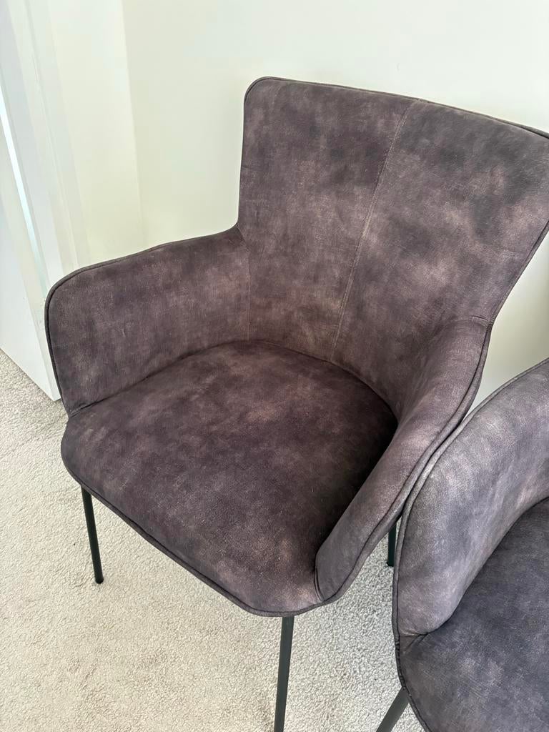 Zes donkergrijze eetkamerstoelen - Gebruikt, goede conditie, Ophalen, Gebruikt, Vijf, Zes of meer stoelen, Stof