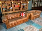 Chesterfield 3+2 zit bankstel vintage cognac GRATIS BEZORGD, Ophalen of Verzenden, Zo goed als nieuw, 75 tot 100 cm, Leer