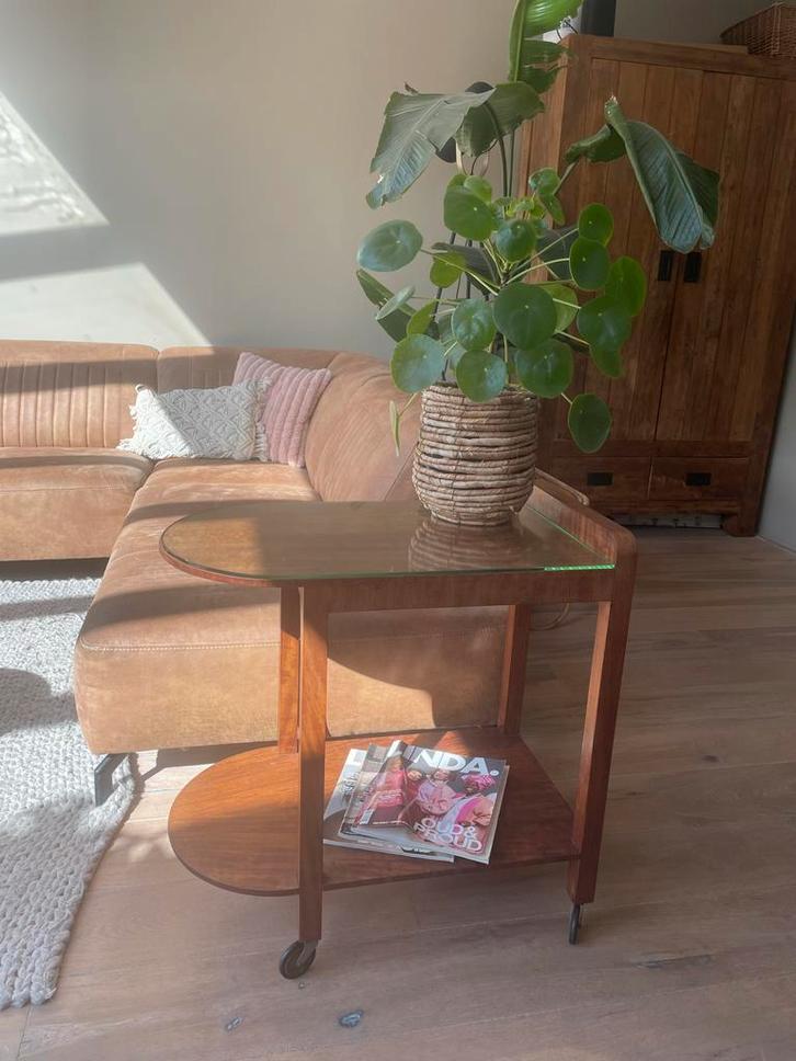 Vintage Bijzettafel met Glazen Blad, Huis en Inrichting, Tafels | Bijzettafels, Gebruikt, Ovaal, 45 tot 60 cm, Minder dan 55 cm