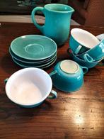 Vintage Turquoise soepkommen met bordjes en kan, Ophalen of Verzenden