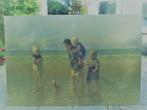 Groot schilderij zeegezicht met kinderen, Antiek en Kunst, Kunst | Schilderijen | Klassiek, Ophalen of Verzenden