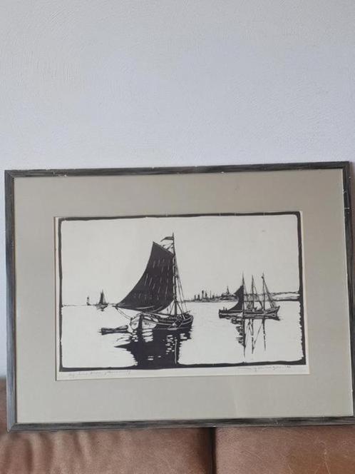 Linosnede Jan Th. Giesen platbodems op meer, Antiek en Kunst, Kunst | Etsen en Gravures, Ophalen