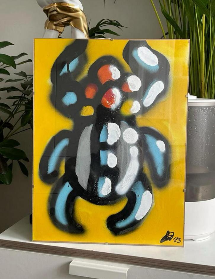 Graffiti schilderij Abstract “Egyptian Bug” met lijst 30x40, Antiek en Kunst, Kunst | Designobjecten, Ophalen of Verzenden