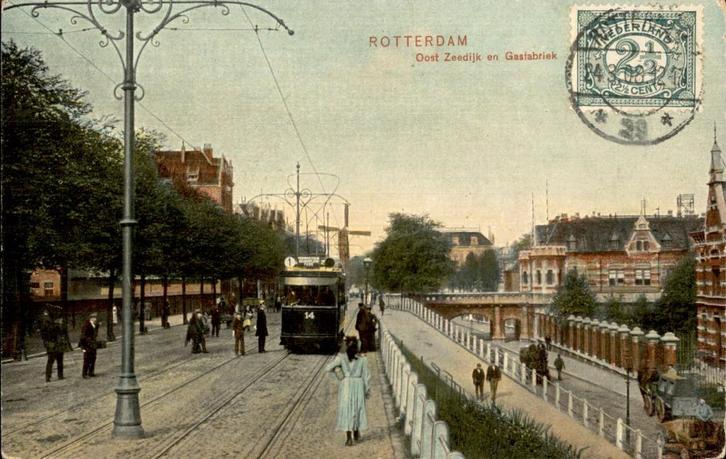 Rotterdam Oost Zeedijk en Gasfabriek st 1908 tram en molen, Verzamelen, Ansichtkaarten | Nederland, Gelopen, Zuid-Holland, Voor 1920