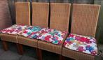 4 Rieten Stoelen met Kussens, Huis en Inrichting, Stoelen, Ophalen, Gebruikt, Bruin, Riet of Rotan