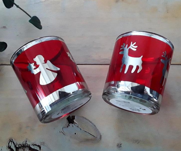 Waxinelichthouders rood - zilverkleurige engelen, rendieren, Diversen, Kerst, Zo goed als nieuw, Ophalen of Verzenden