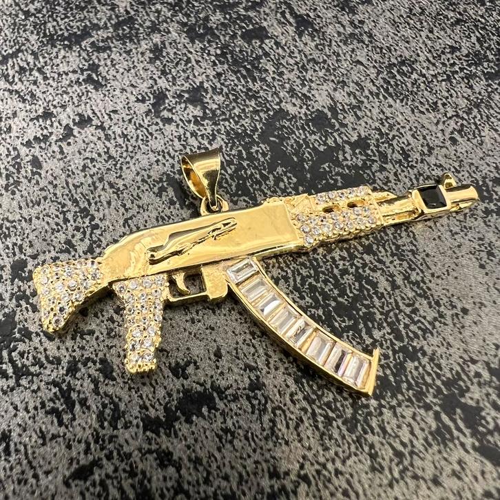 14k gouden hanger geweer ak47 pistool, Sieraden, Tassen en Uiterlijk, Kettinghangers, Zo goed als nieuw, Goud, Kruis of Symbool