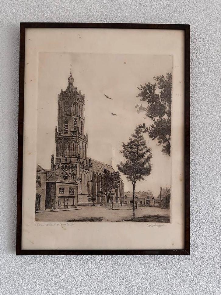 Ets Kerktoren Elst - Cor van der Woerd, Antiek en Kunst, Kunst | Etsen en Gravures, Ophalen