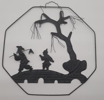 Vintage Chinese metalen (tin) silhouette wand decoratie (3) beschikbaar voor biedingen