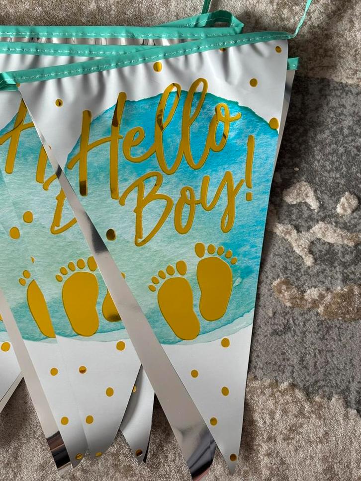 Versiering voor geboorte zoon( vlaggen, bordjes), Hobby en Vrije tijd, Feestartikelen, Zo goed als nieuw, Versiering, Geboorte of Huwelijk