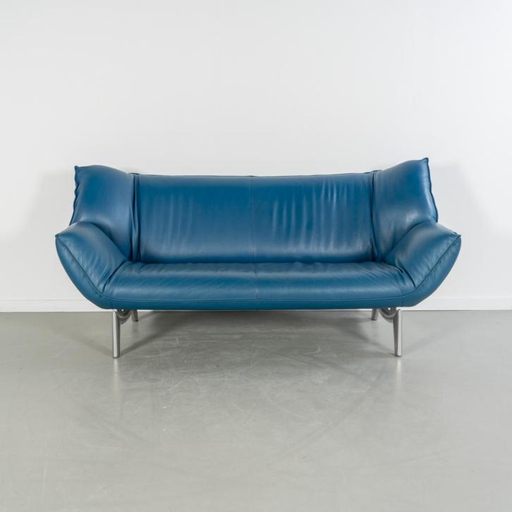 1x Leolux Tango 3-zits/223cm Bank Turquoise Leer - Gepolijst, Huis en Inrichting, Banken | Bankstellen, Gebruikt, Rechte bank