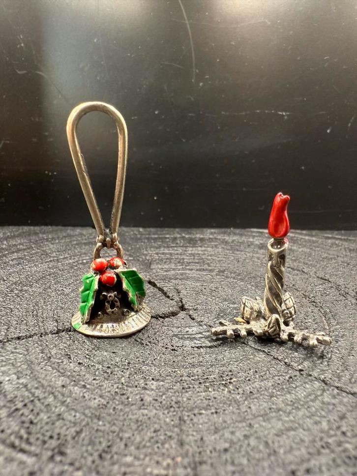 Zilveren Miniatuur Kerst Decoratie - Kaars & Bel, Antiek en Kunst, Antiek | Goud en Zilver, Zilver, Ophalen of Verzenden