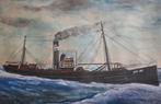 vintage schilderij vissersschip stoomboot trawler op zee, Ophalen, Gebruikt, Motorboot, Overige typen