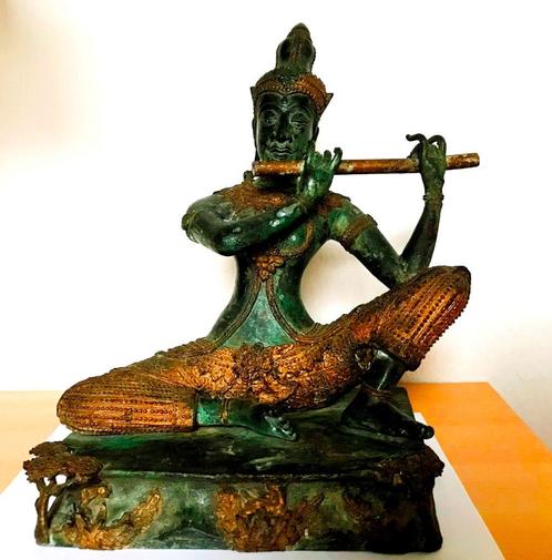 Bronzen beeld muzikant Boeddha tempelwachter verguld, Antiek en Kunst, Kunst | Niet-Westerse kunst, Ophalen
